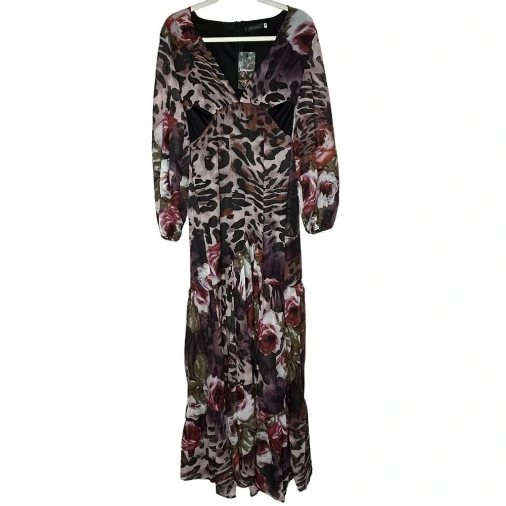 Giffniseti Leopard Floral Print Long Sleeve Ruffle Hem Maxi Dress NWT - Picture 5 of 16